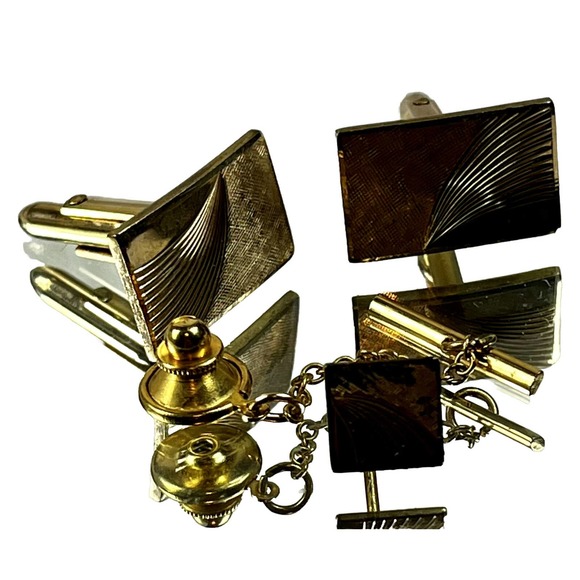 Yellow Gold 14K Filled 1/20th Quality Vintage Cuff Links & Tie Tack Set w/ Box - Picture 2 of 16